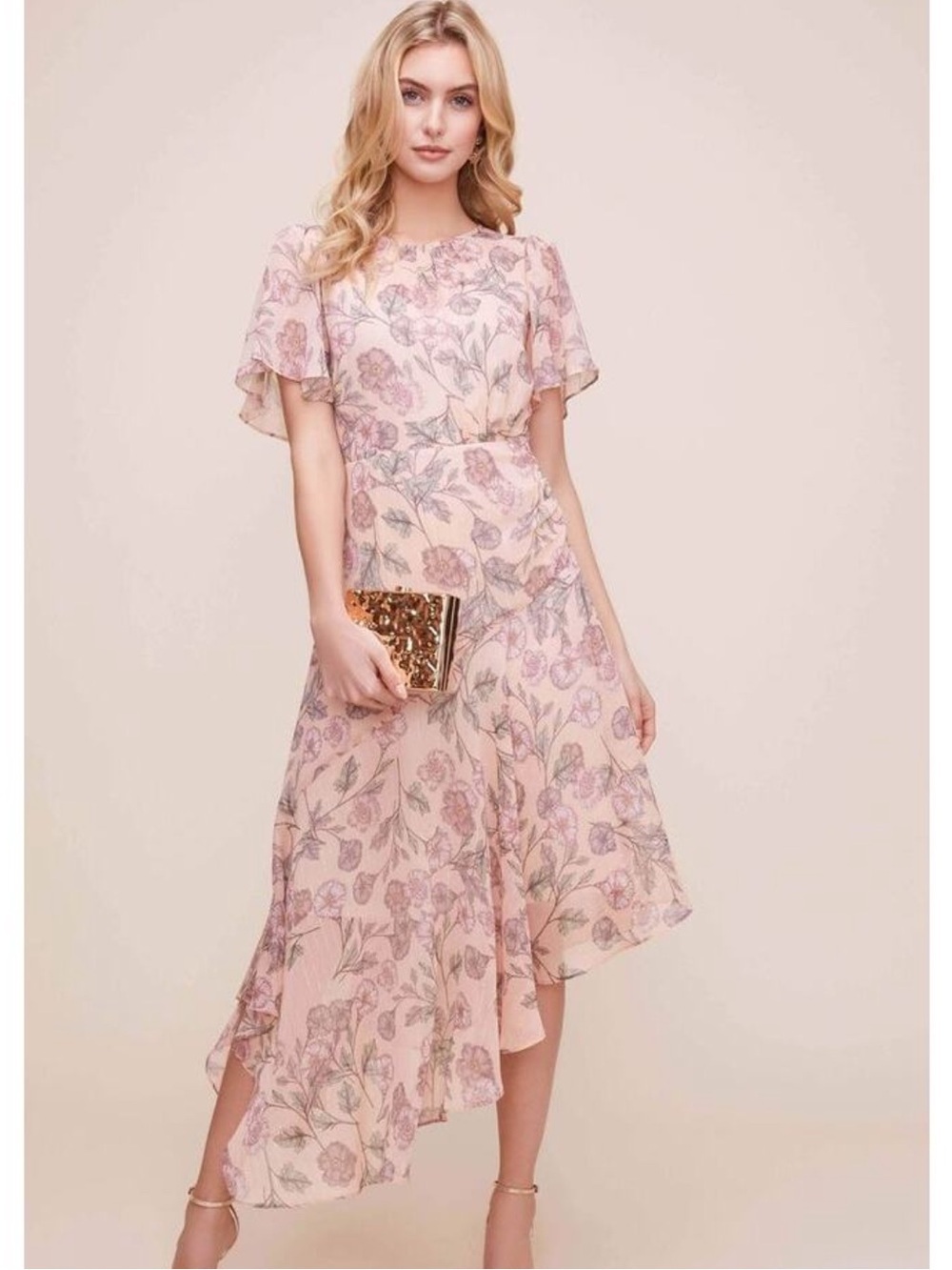 ASTR Pink Garden Floral High-Low Asymmetrical Hem Dress Flutter Sleeves Small
